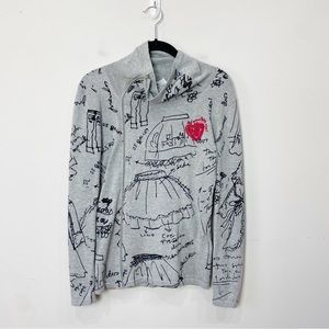 Desigual Cardigan Sweater Asymmetrical Zipper Gray Graffiti Say Something Nice